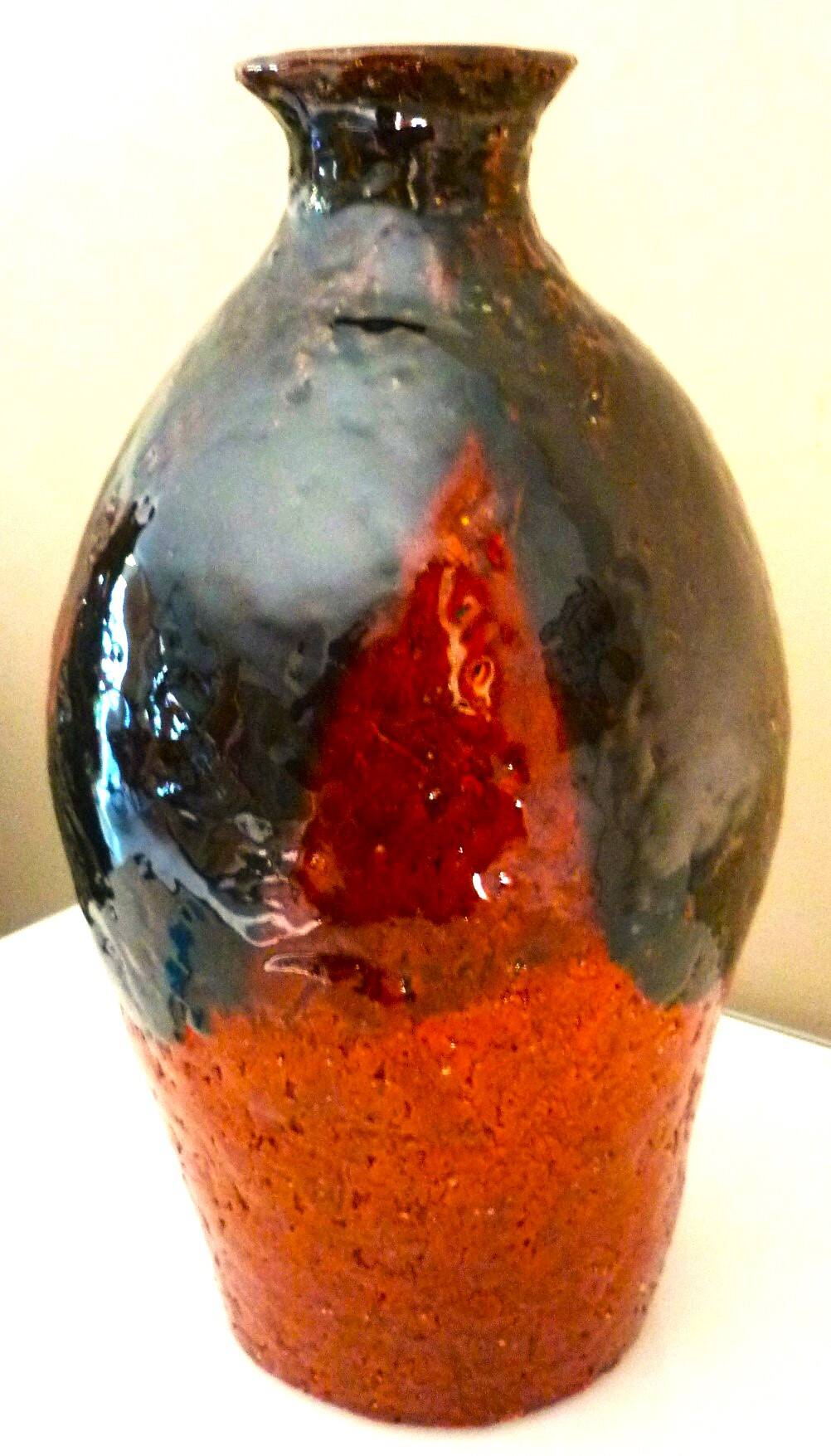 Ceramic vase, chamotte terracotta, enamelled, signature to be identified, vintage