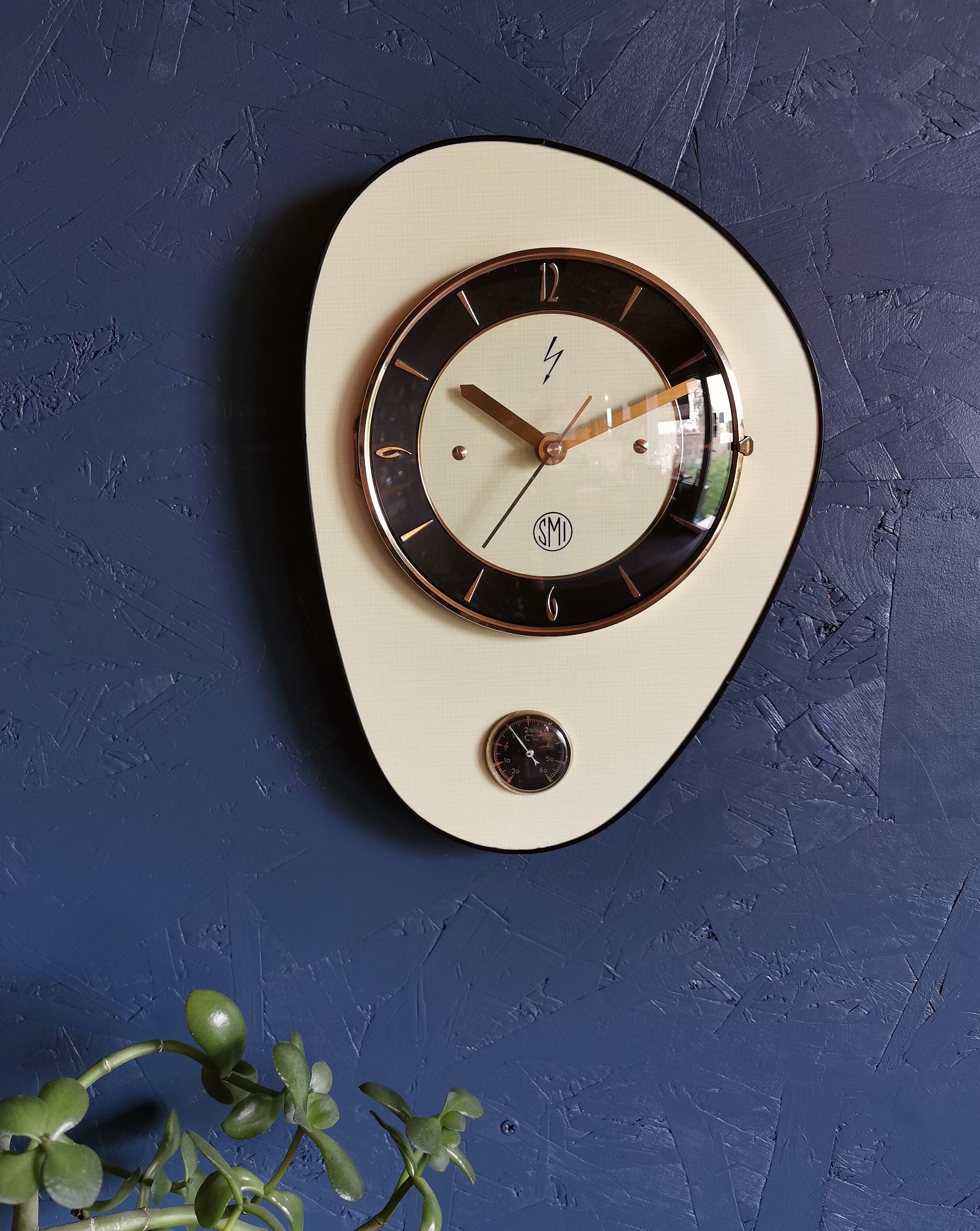 Vintage formica clock asymmetrical silent wall clock "SMI yellow black"