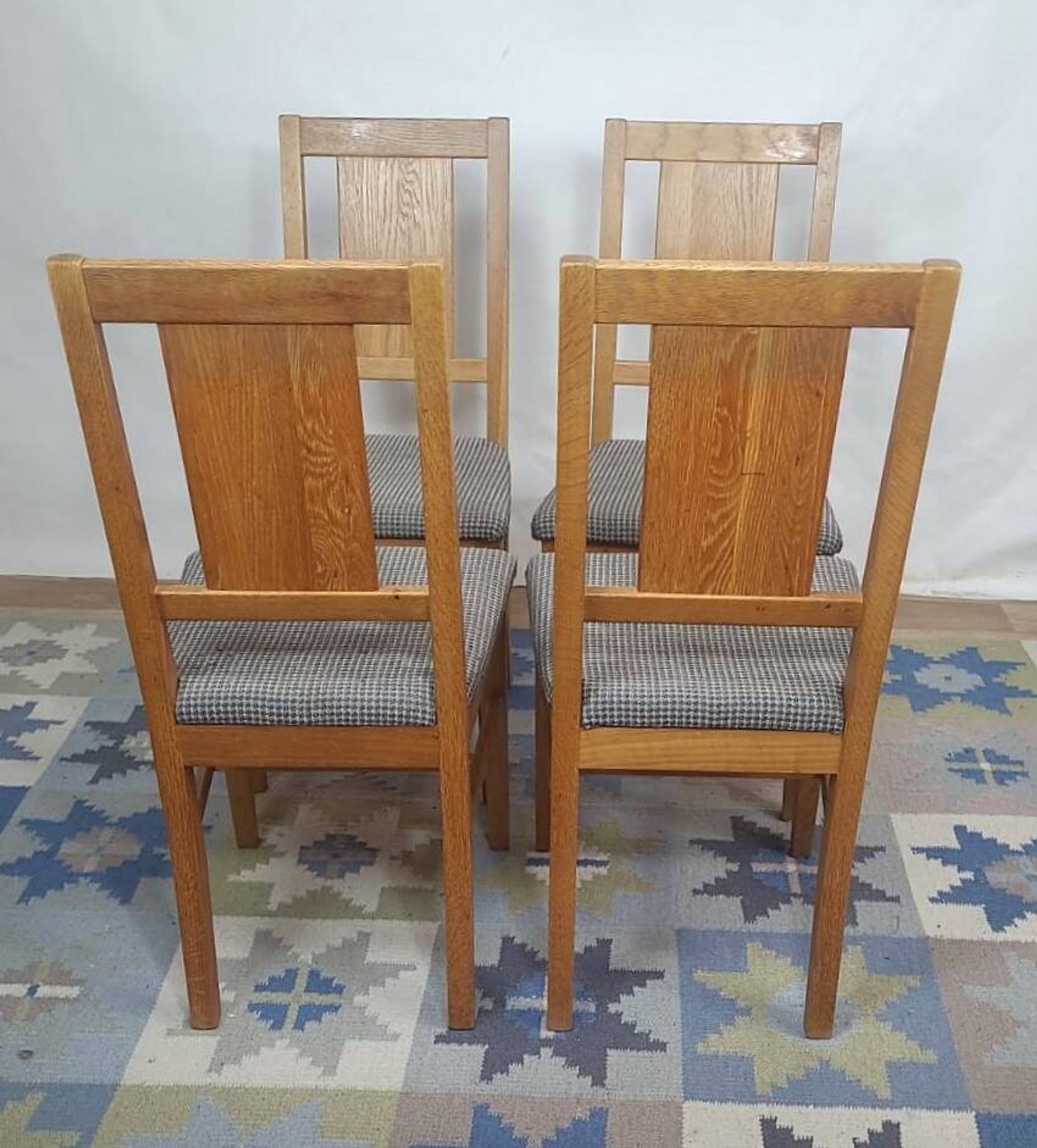 Set of 2 Brutalist chairs in oak and checkered fabric, Denmark, 1960