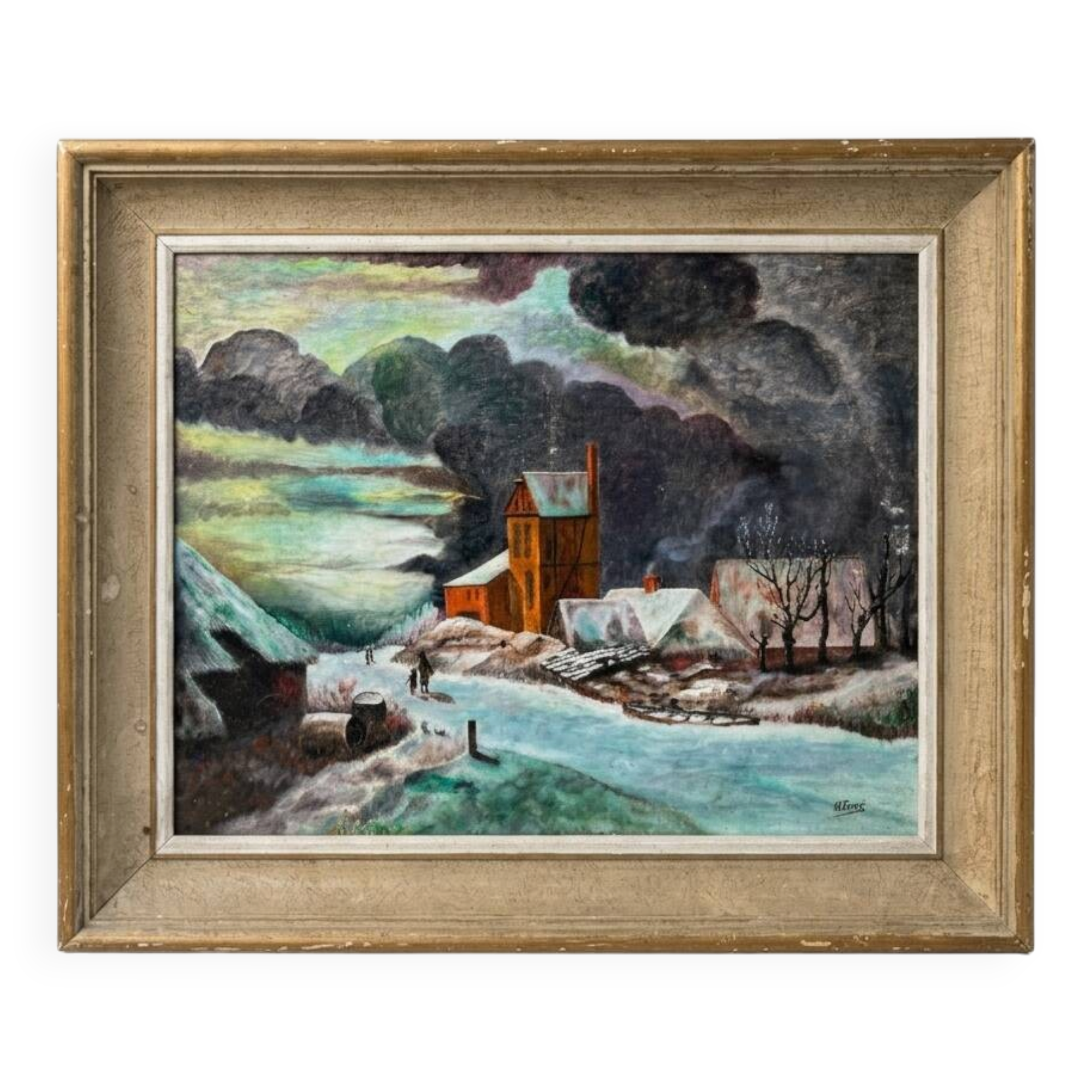 Tableau huile paysage hiver neige village signe H. Paris - Cadre