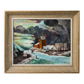 Oil painting landscape winter snow village sign H. Paris - Frame