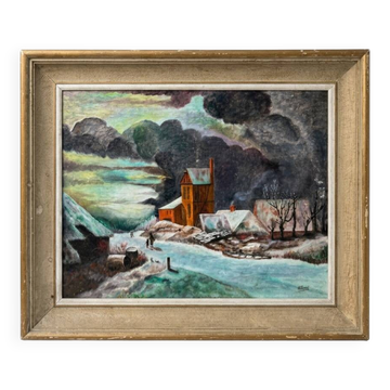 Tableau huile paysage hiver neige village signe H. Paris - Cadre