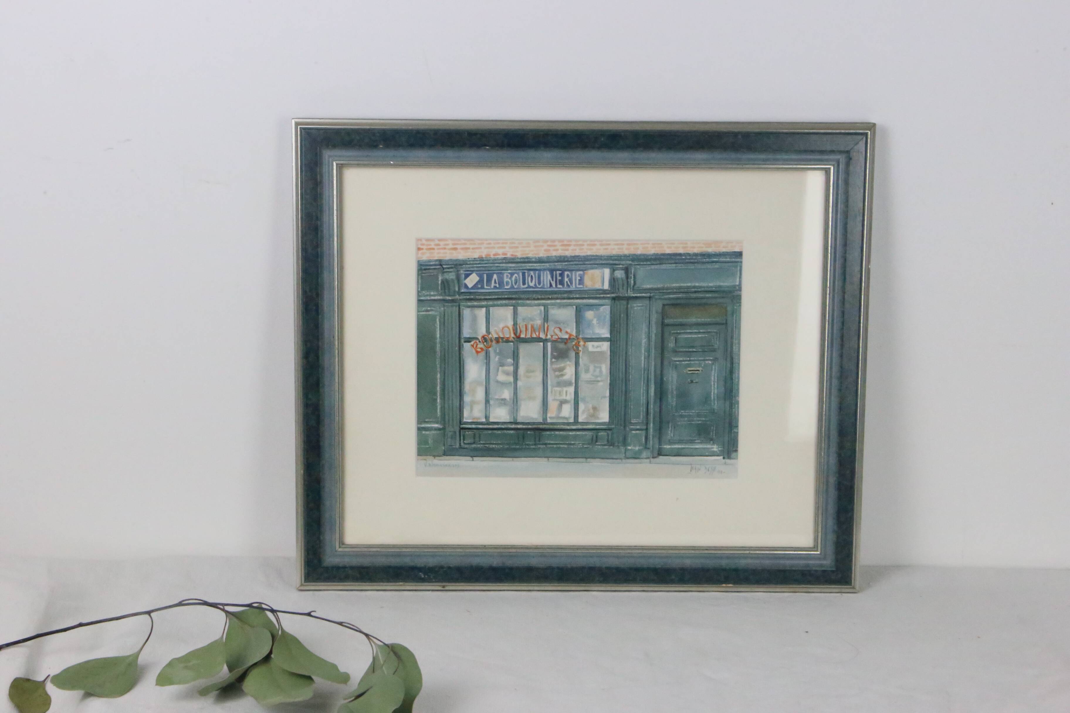 Watercolor 'The Bookstore' by Jean Desse, 1991