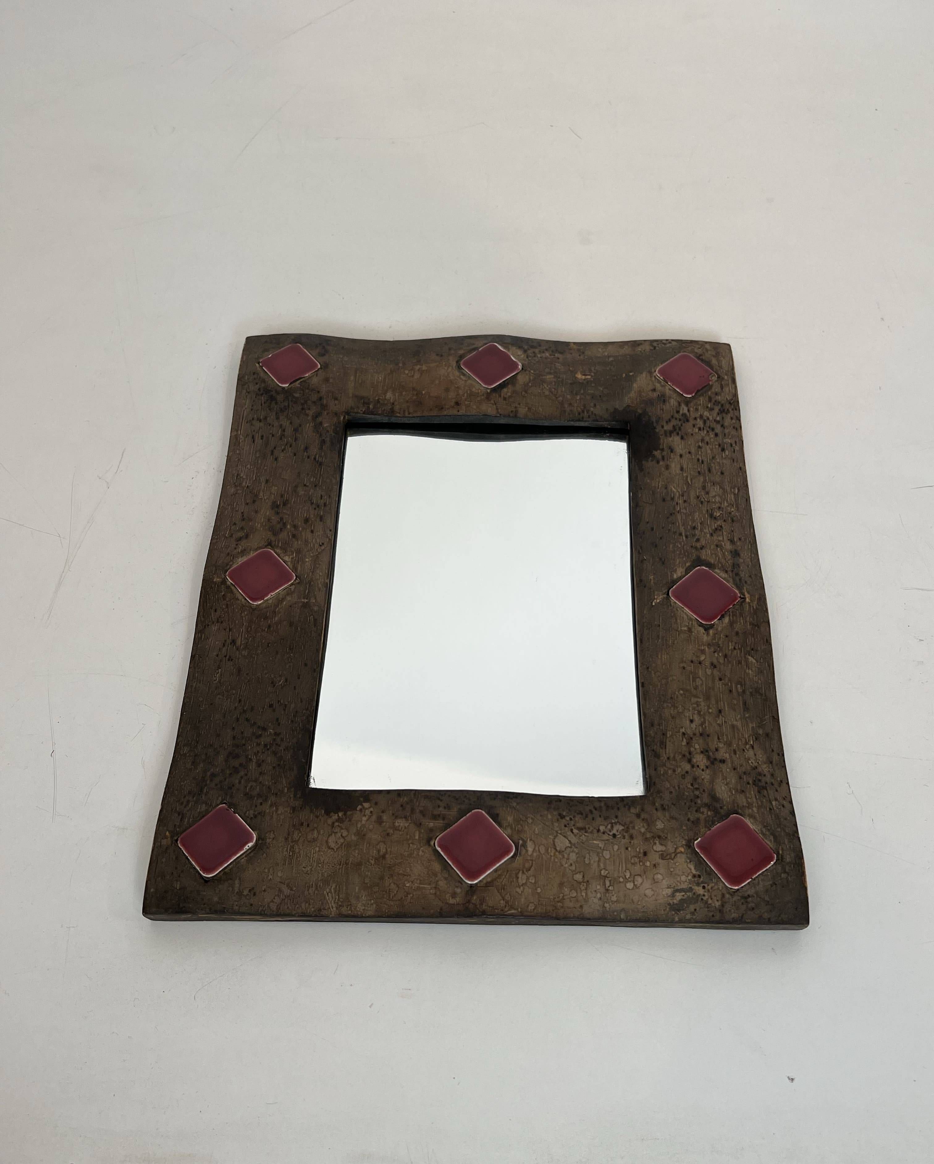 Ceramic Framed Mirror in Bronze with Red Cabochons. French Work.