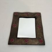 Miroir à Cadre en Céramique Émaillée Bronze à Cabochons Rouges. Travail Fra