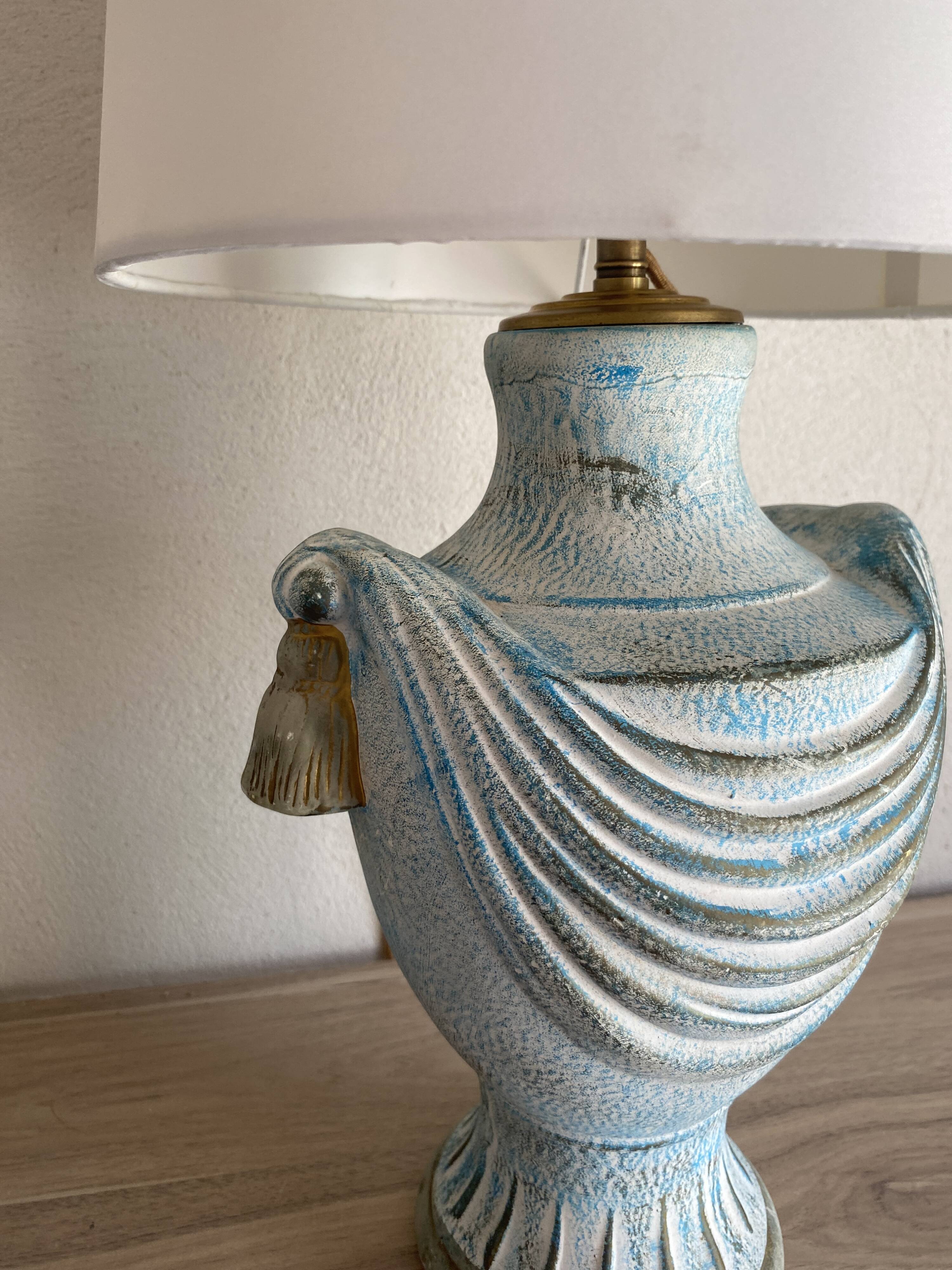 Painted plaster lamp, new 2 M fabric cable, fabric lampshade