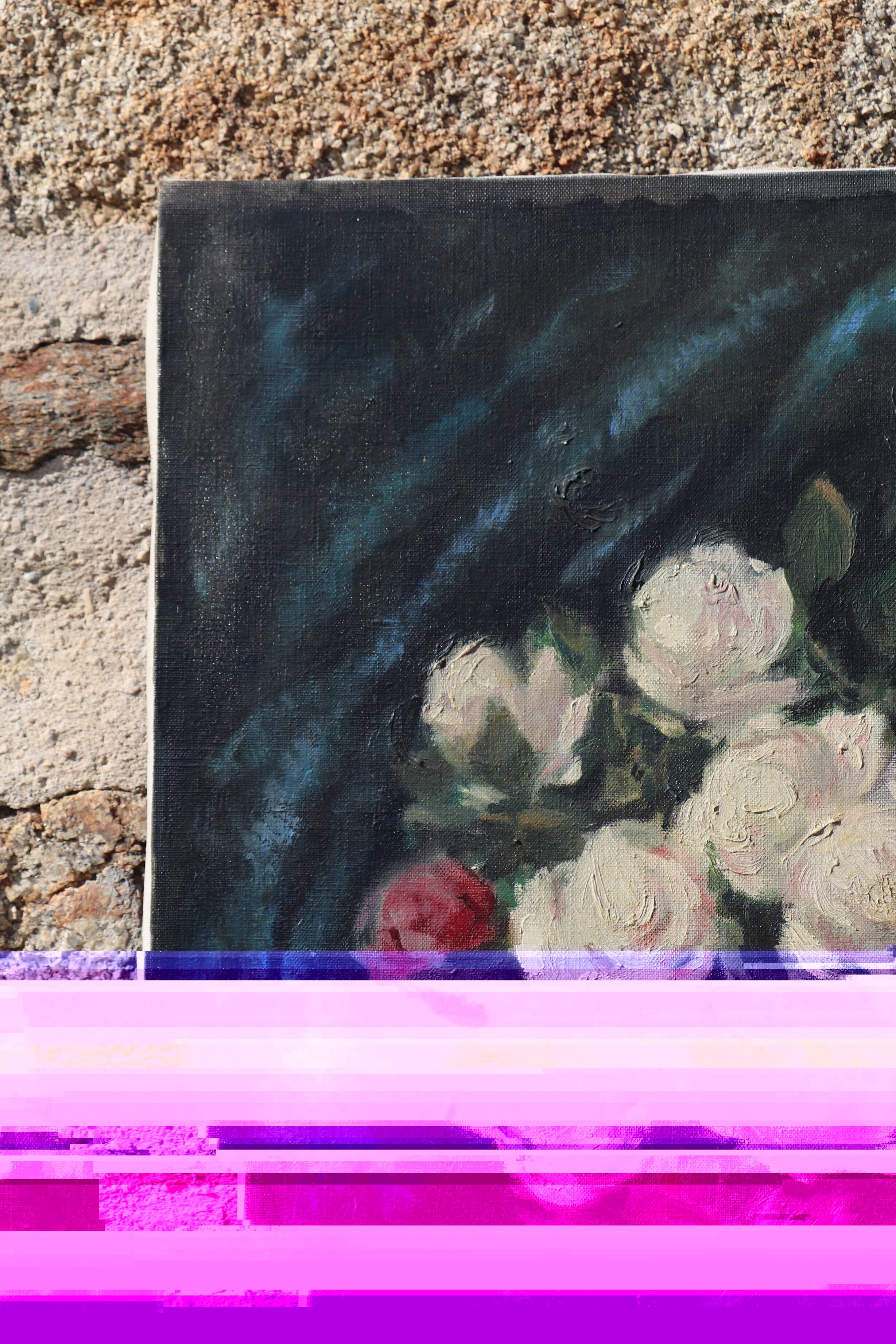 Huile sur toile bouquet de roses nature morte