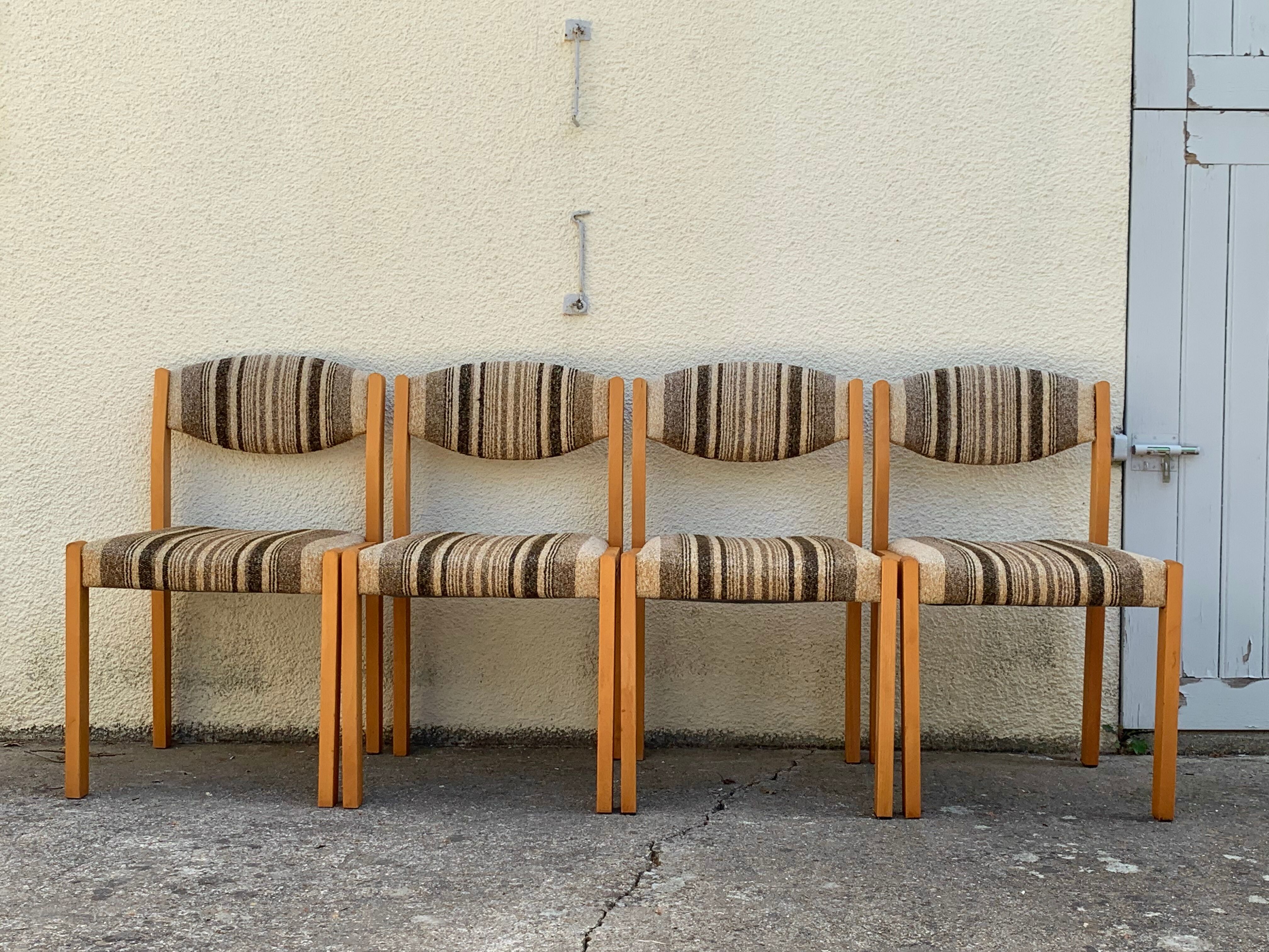 Suite of 4 chairs self beech brass and wool 1960