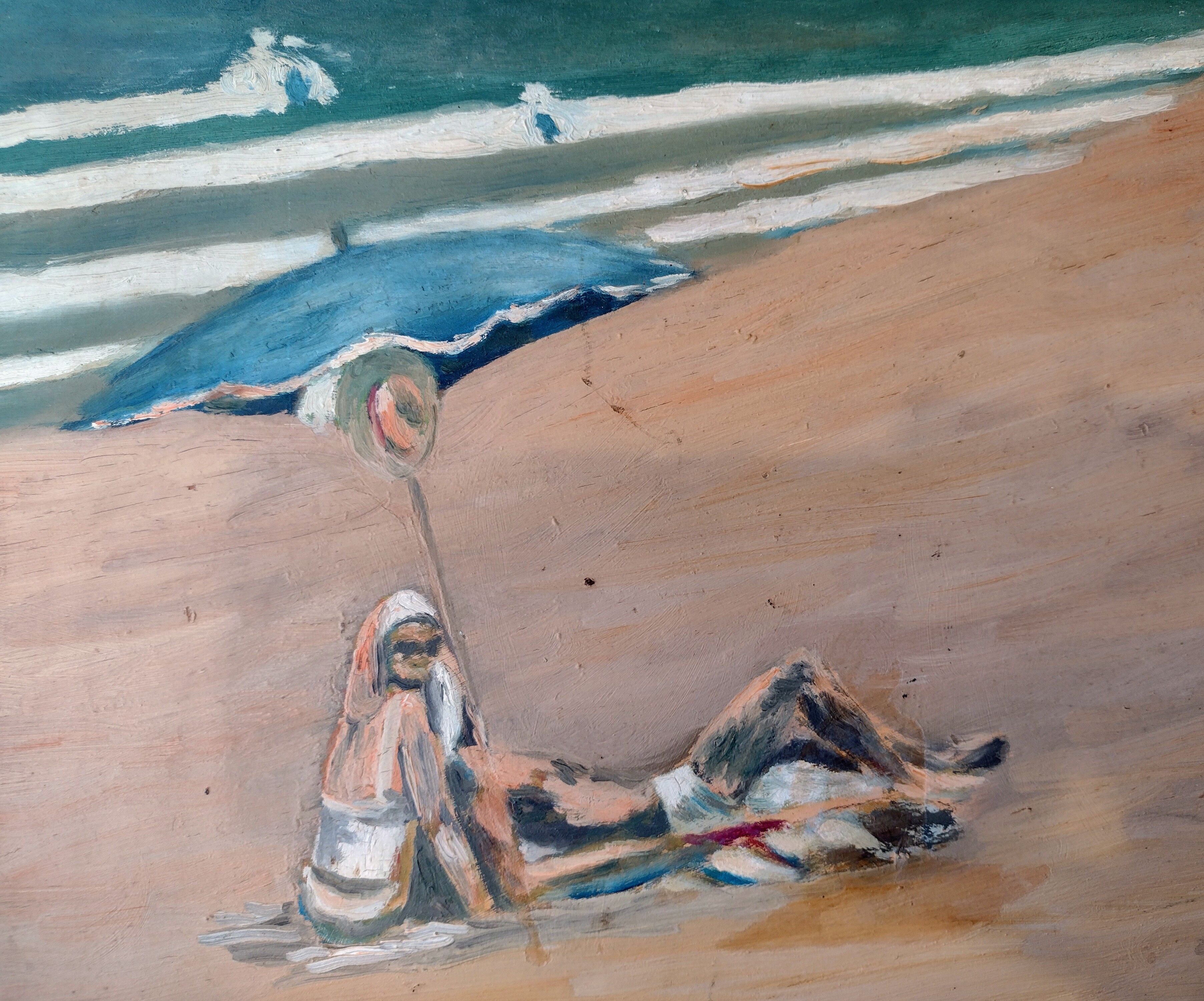 Mid century oil painting The Sunbathers