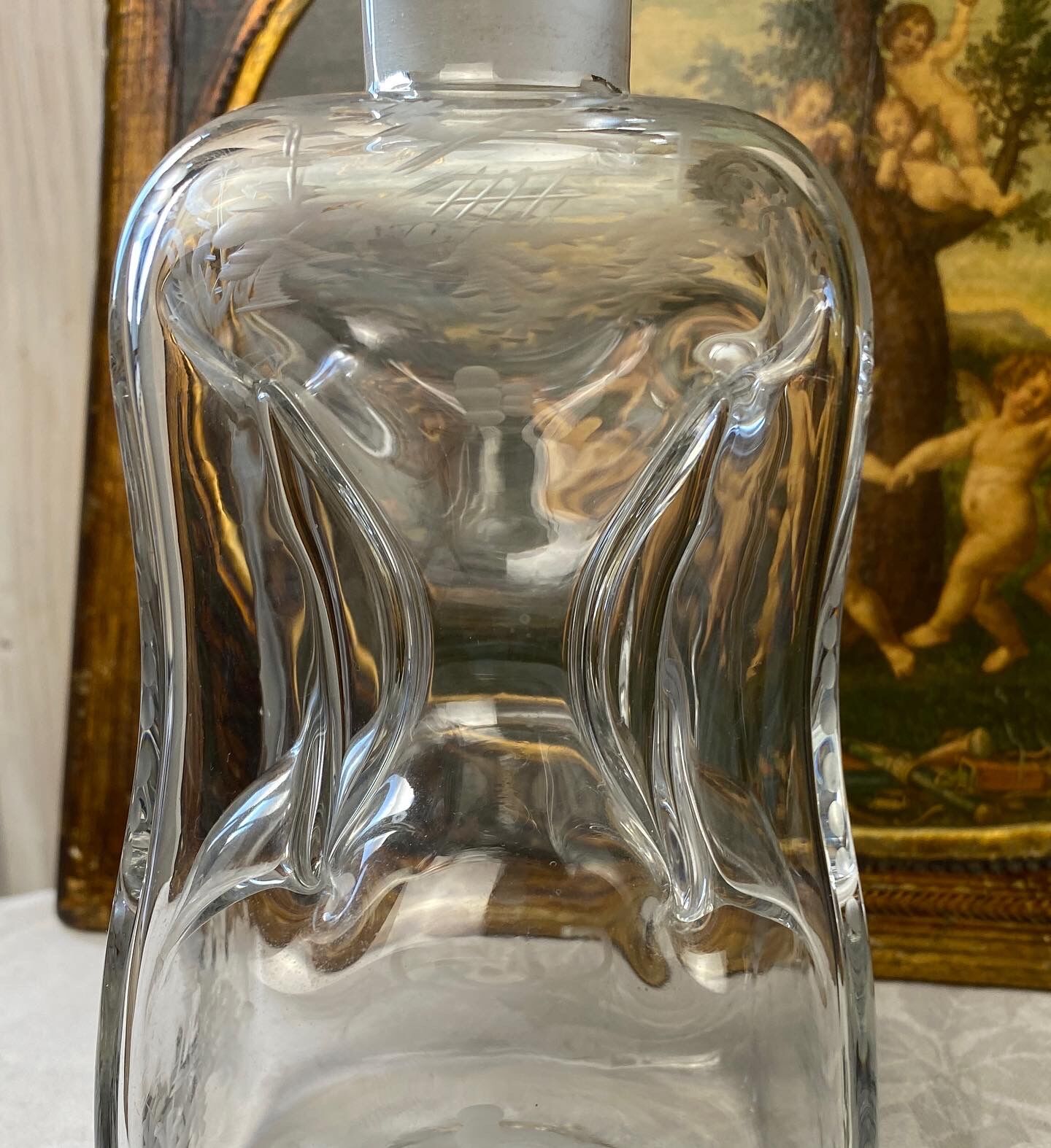 Antique engraved pinched crystal decanter