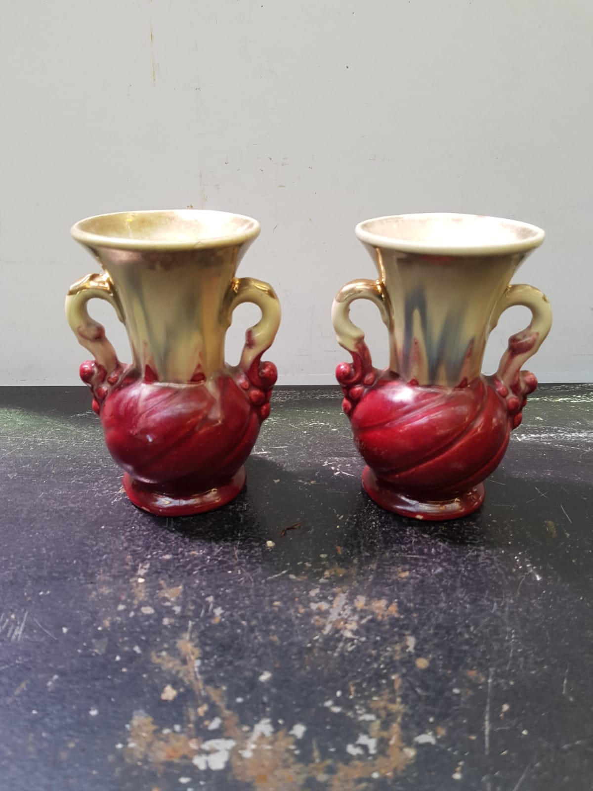 Pair of old beige & red ceramic vases