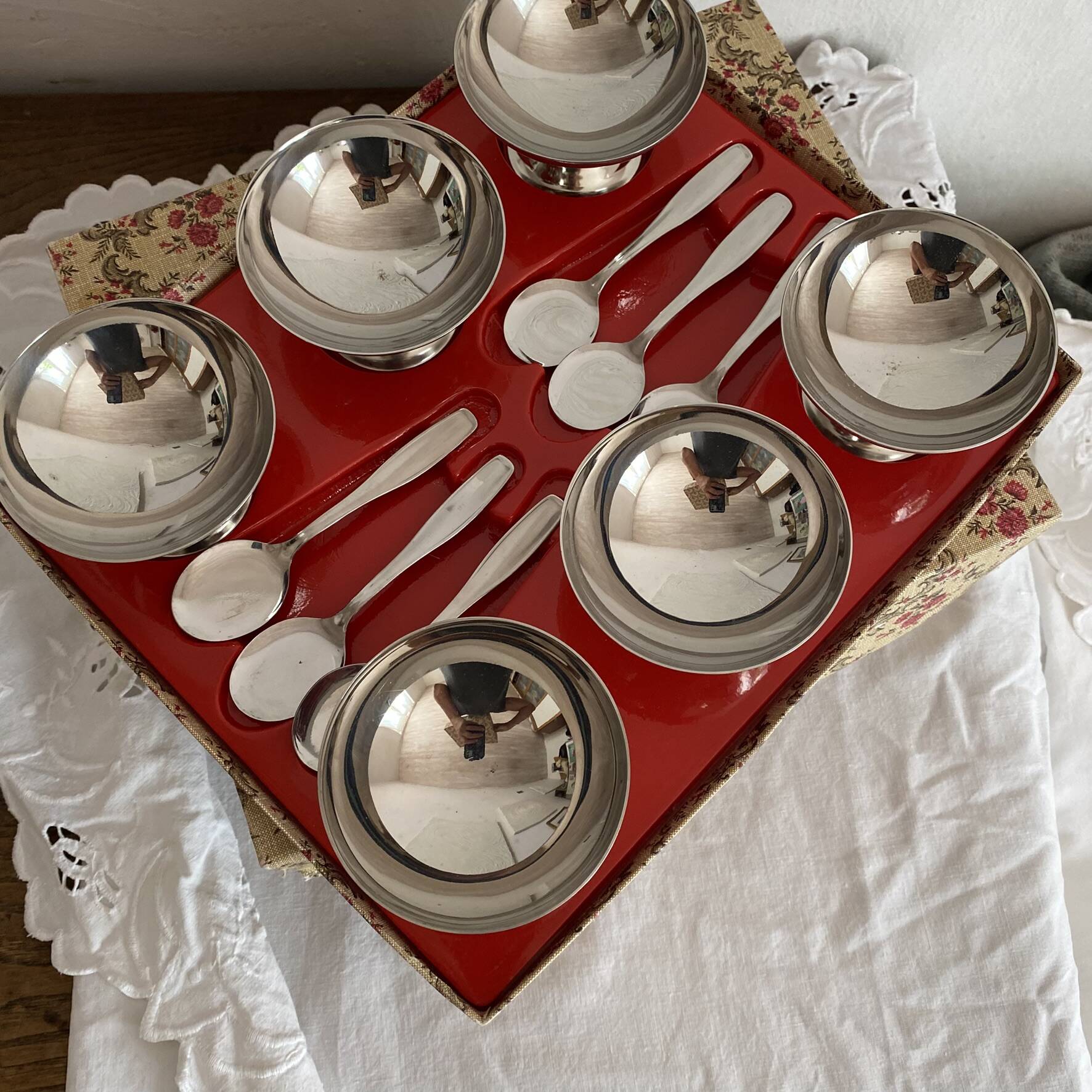 Stainless steel ice cream cups and spoons, 1960s-70s, original boxes.