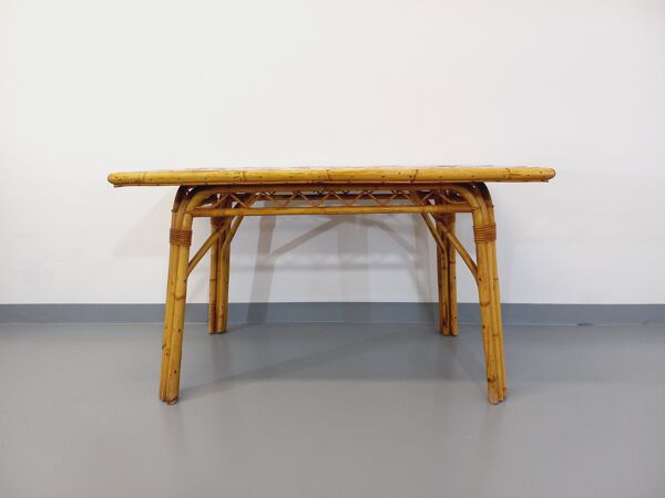 Table à manger vintage en rotin et céramique de Vallauris des années 50 60