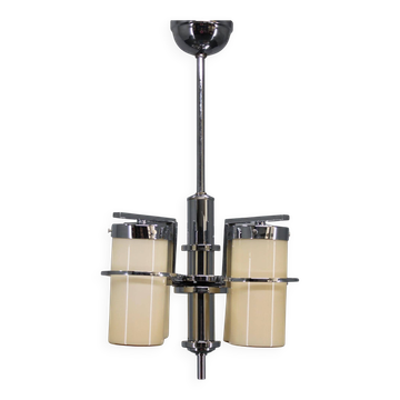 Lustre Bauhaus/Art Déco restauré en chrome et verre, Tchécoslovaquie, années 1930