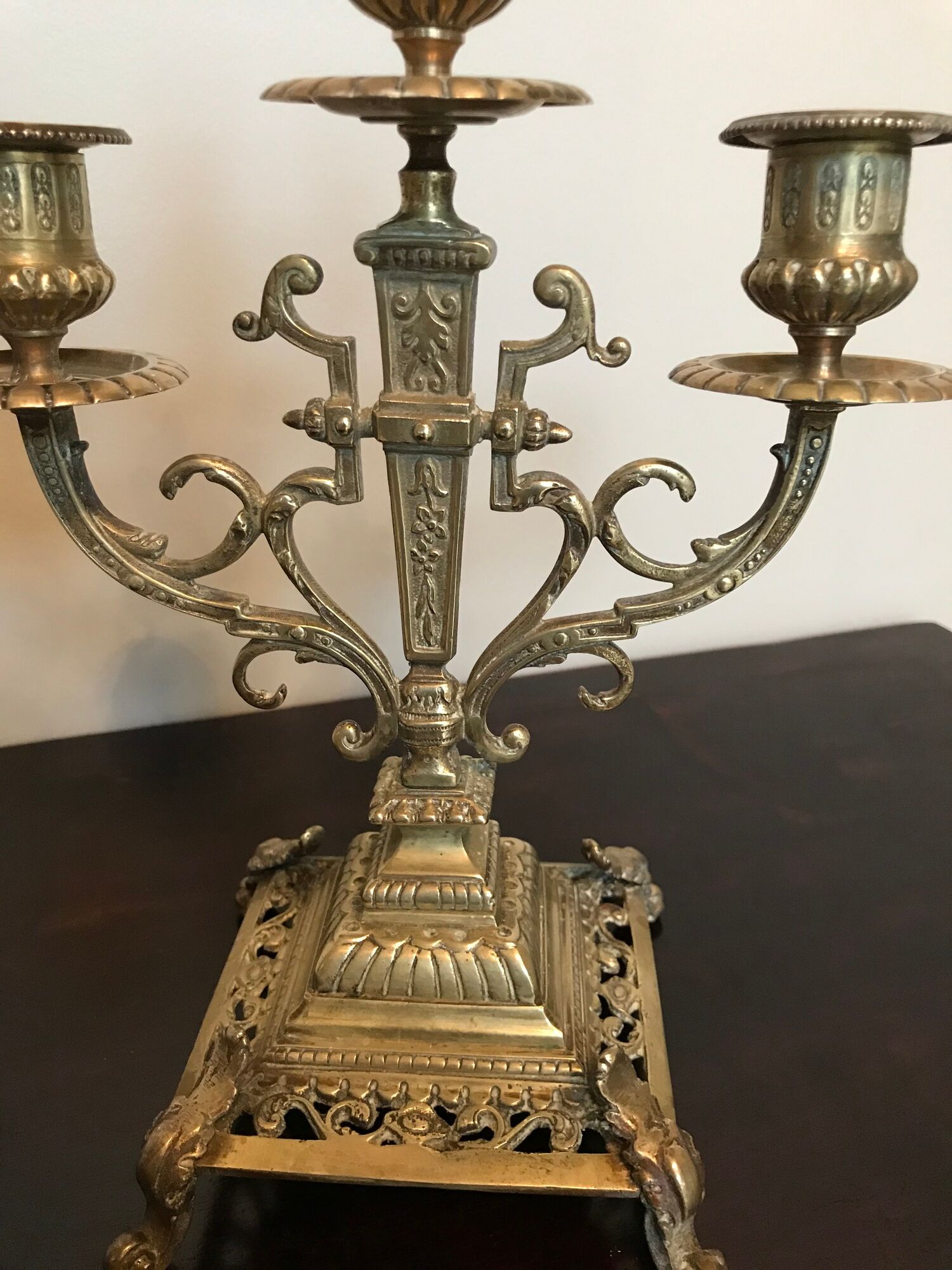 Pair of candelabras or 3-branched chandeliers in gilded bronze late 19th