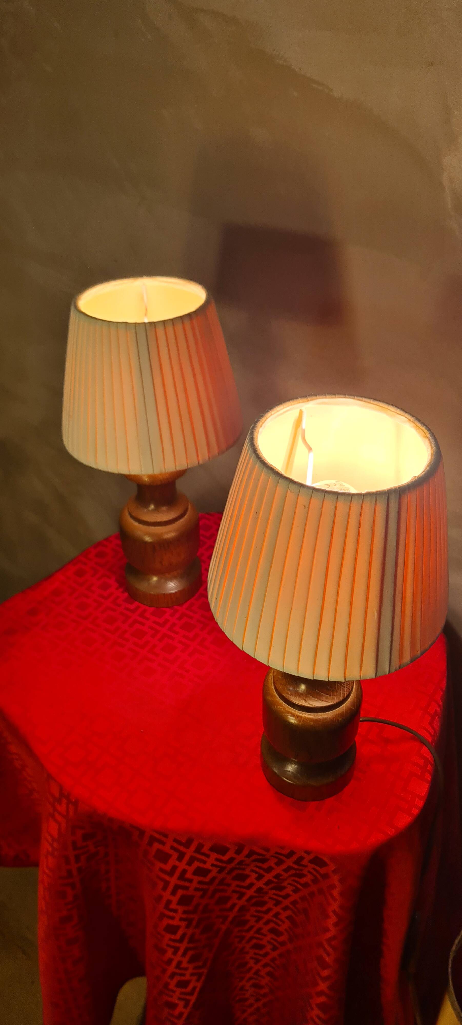 Pair of Scandinavian style wooden bedside lamps 31x16, 1960