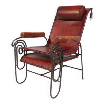 French art deco lounge chair in wrought iron and leather with footrest