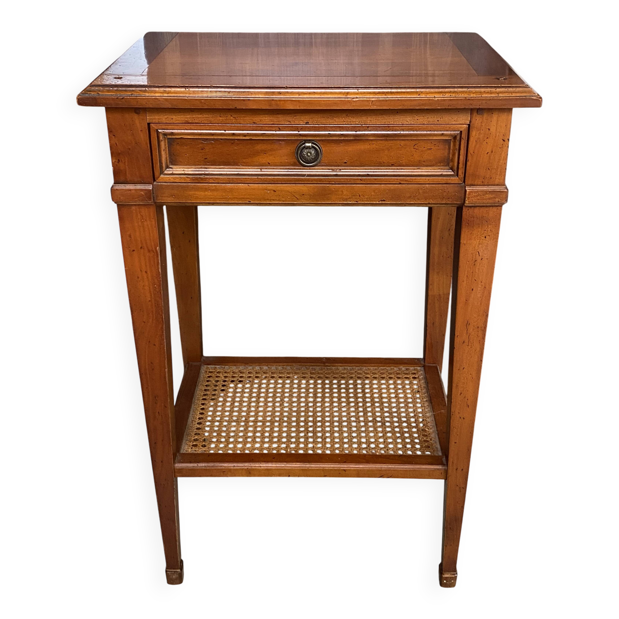 Occasional table in cherry wood, 1 drawer, 1 cane shelf, 1950.