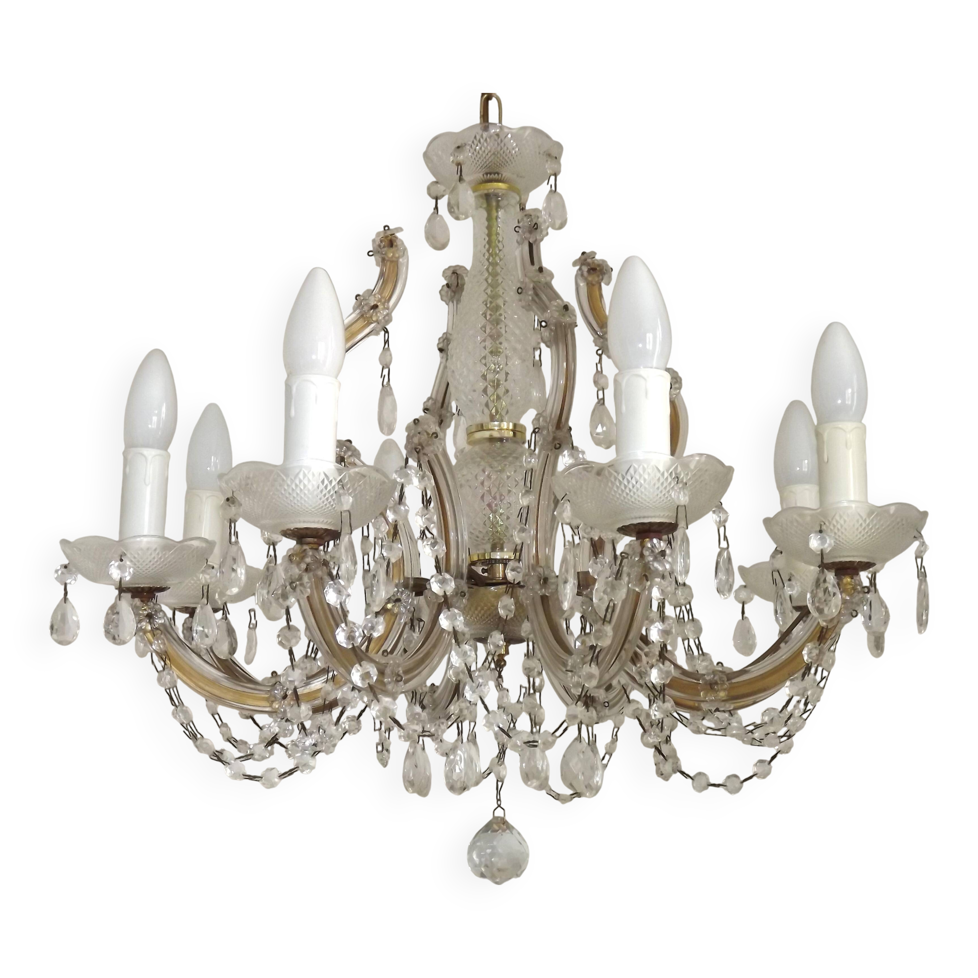 Mid-Century Brass Glass & Crystal Maria Theresa Style 8 Arm Chandelier 5446