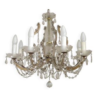 Mid Century Brass Glass & Crystal Maria Thersa Style 8 Arm Chandelier 5446