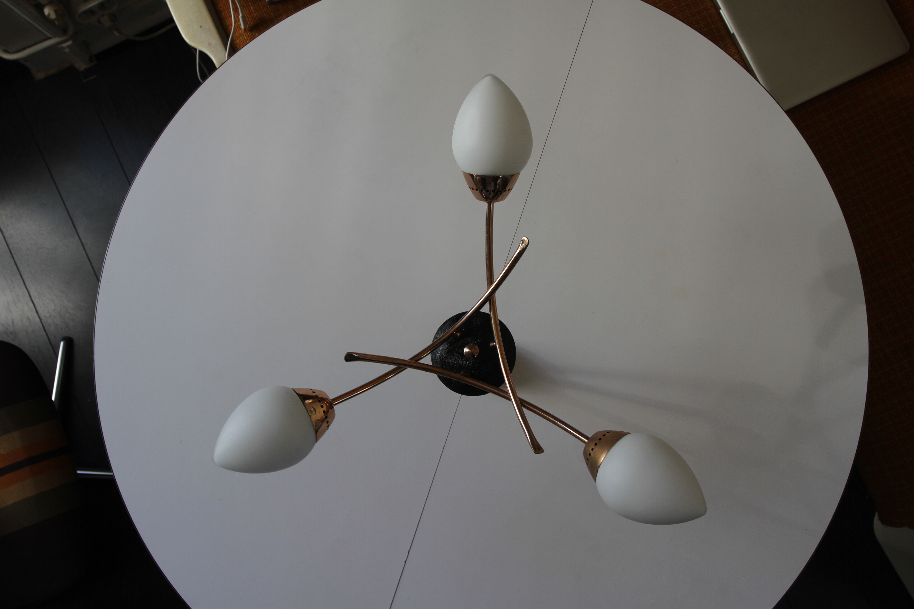 Three-arm brass and glass chandelier from the 1950s