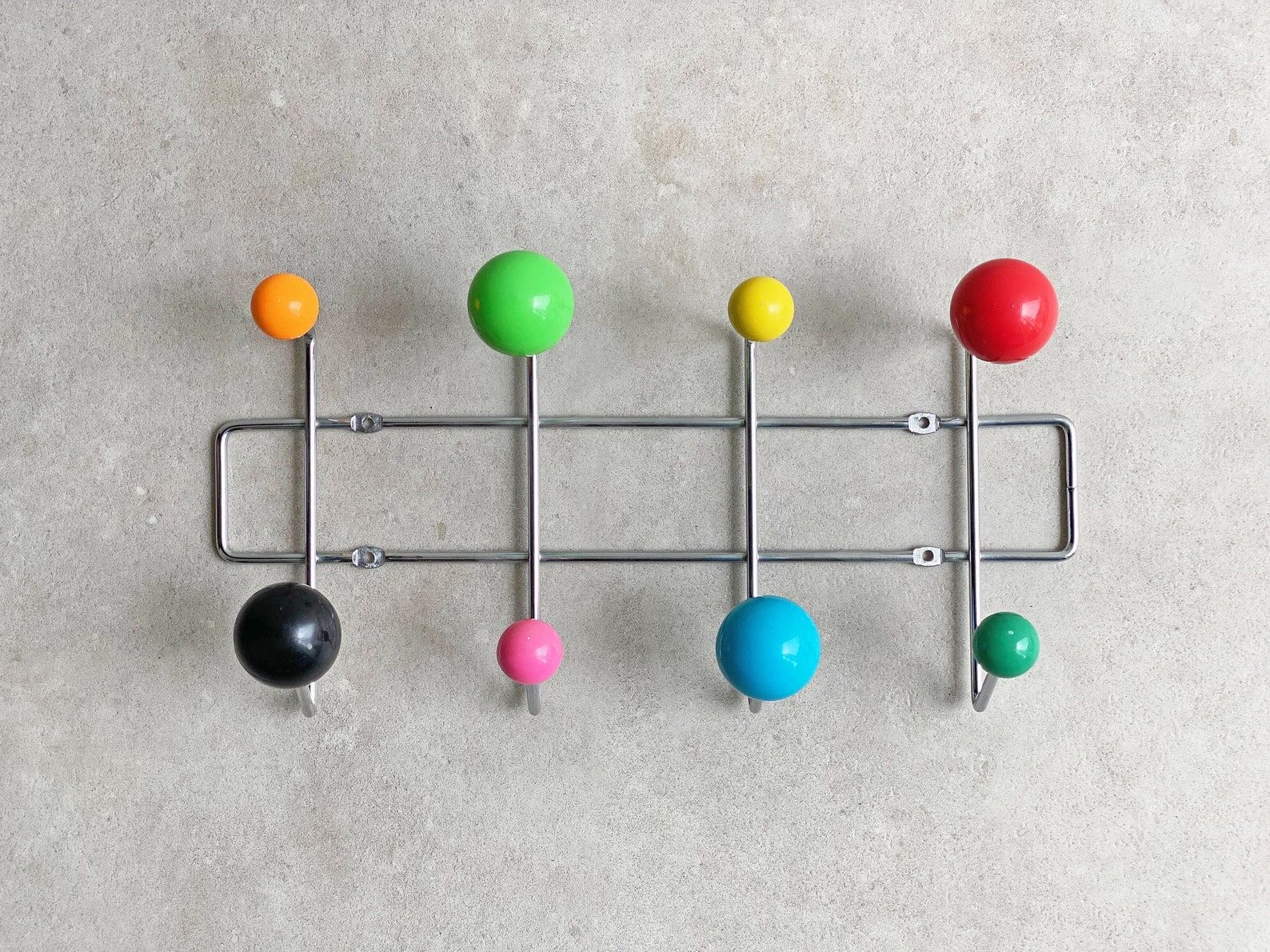 Colourful vintage wall mounted sputnik coat rack, Space Age atomic design