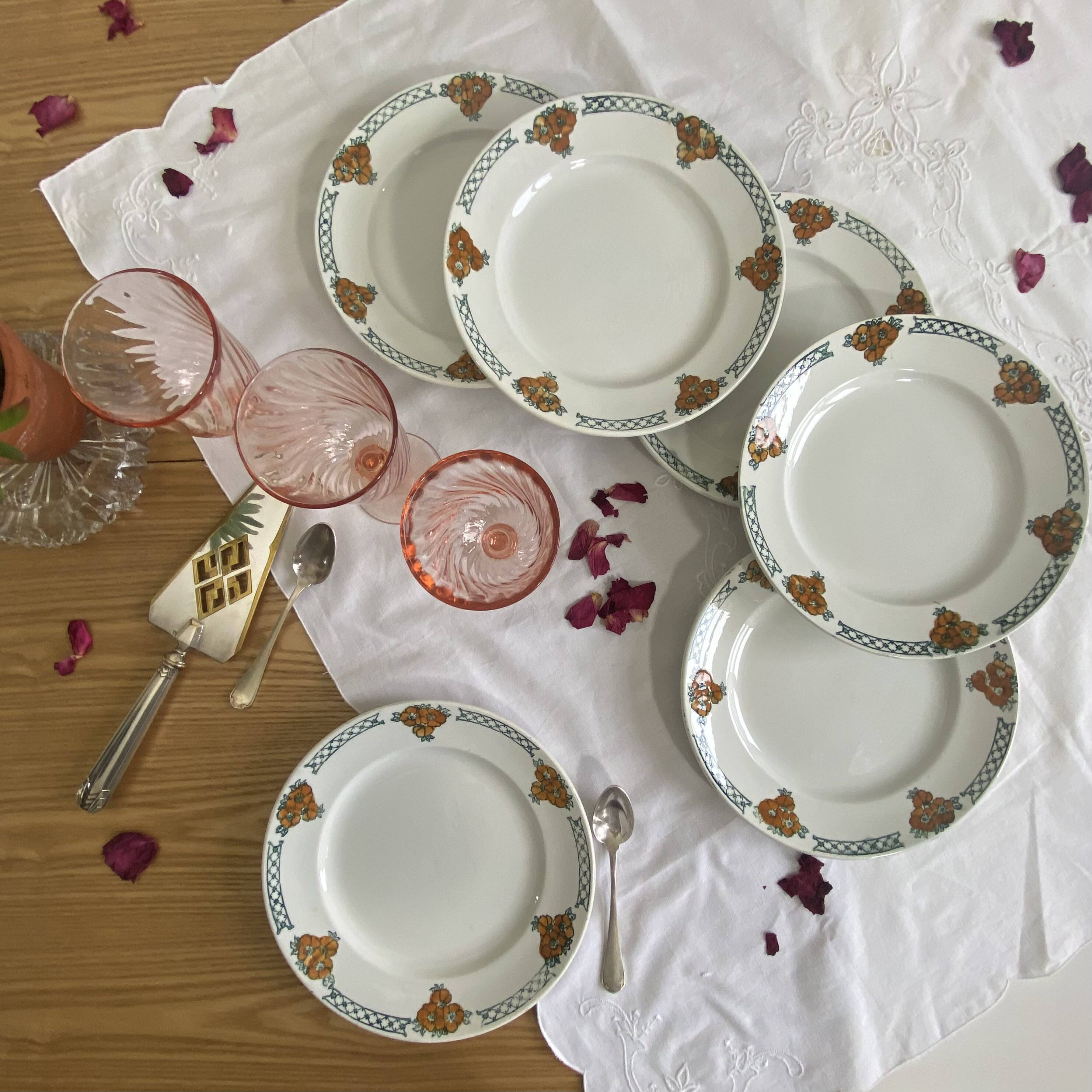 6 antique earthenware dessert plates, ironstone, Moulin des Loups Aubépine