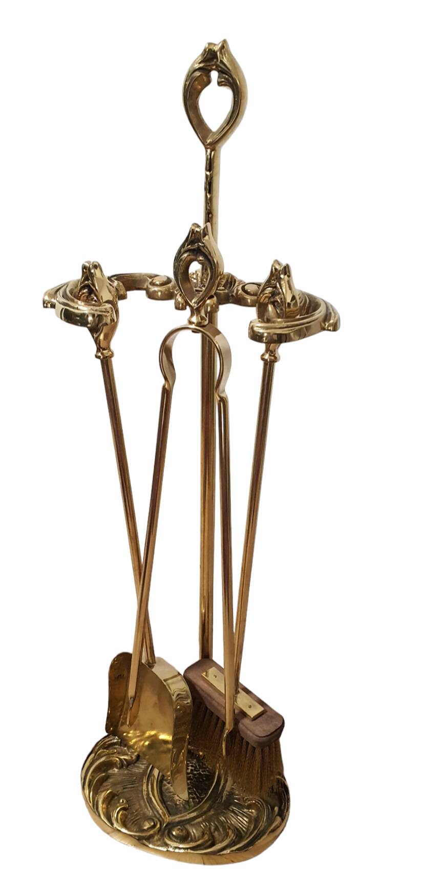 Superb solid bronze fireplace servant 3 accessories pliers, shovel, broom