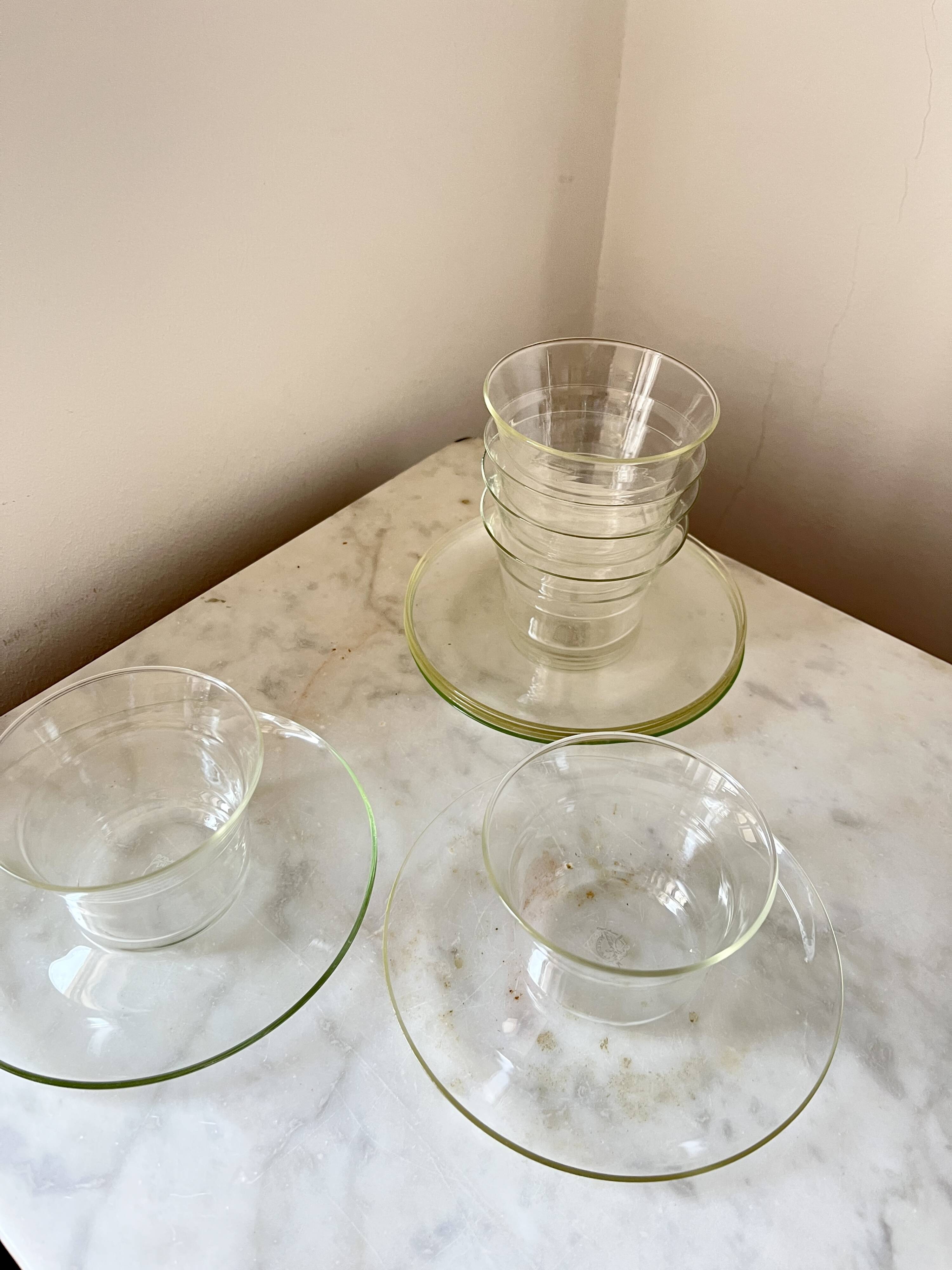 Vintage Jena Borosilicate Glass Tea Cups Set of 6 + Saucers,  GDR, 1960s