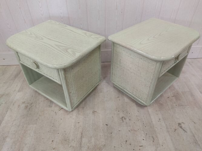 Pair of wooden and wicker bedside tables