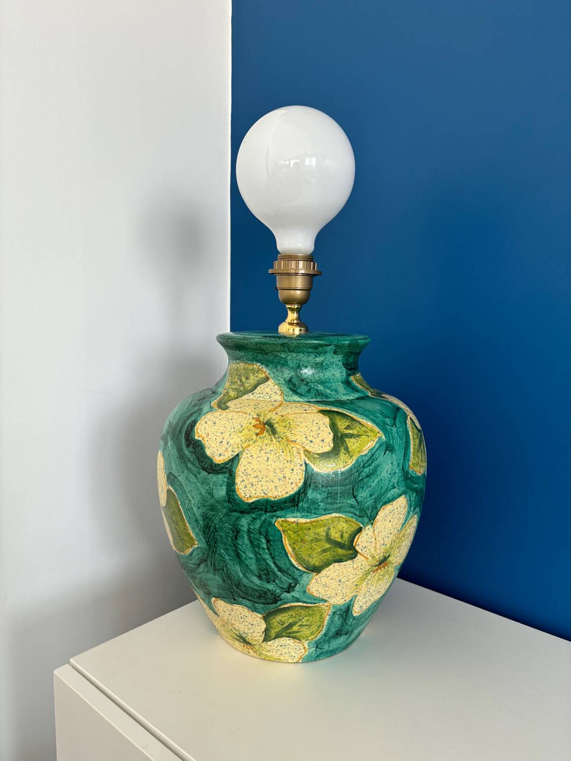 Ceramic lamp base made in Italy yellow and green flower