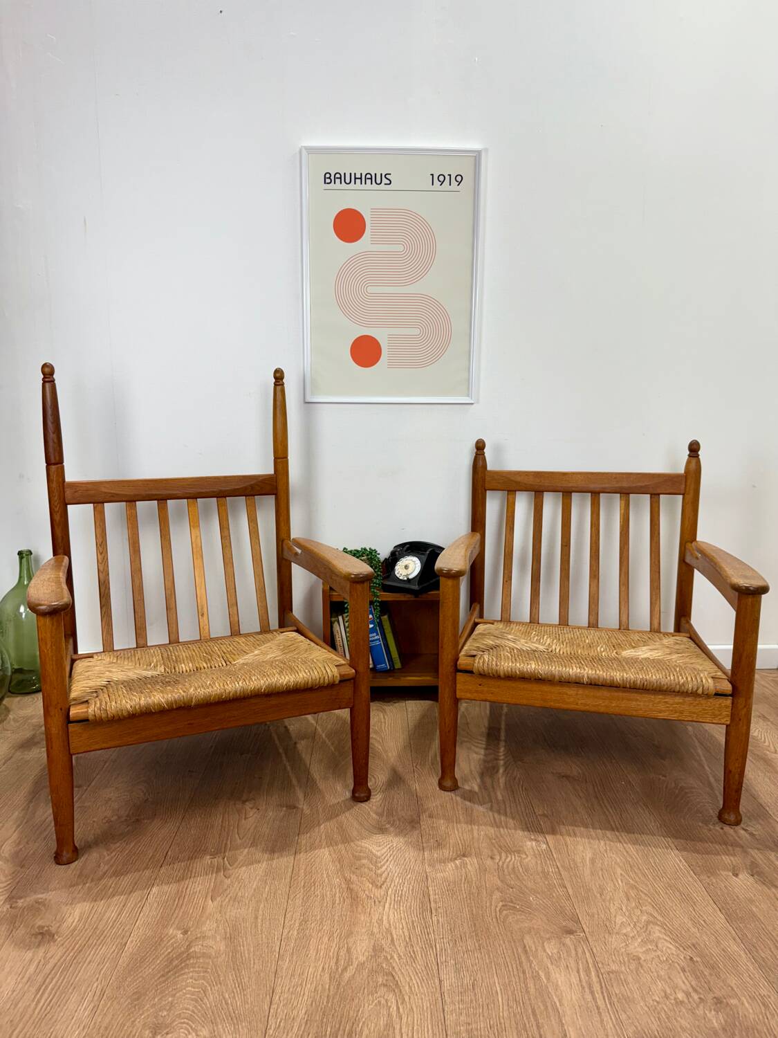 Pair of wooden and straw armchairs