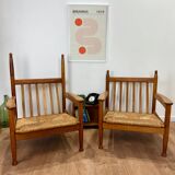 Pair of wooden and straw armchairs