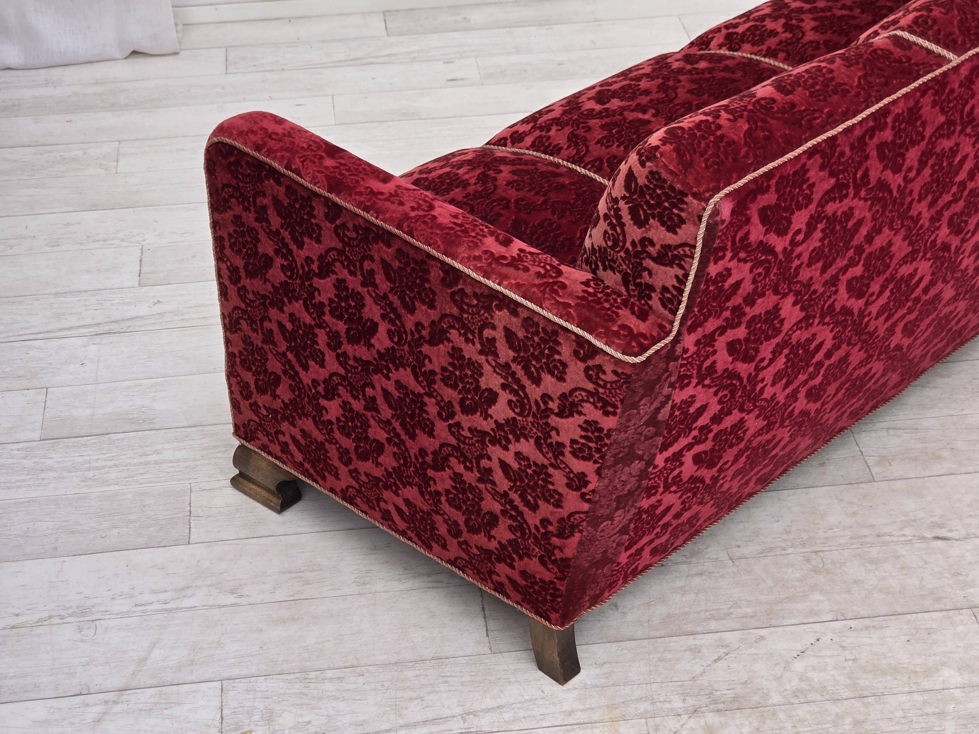 1950s, Danish 3-seater sofa, furniture velour, oak wood.