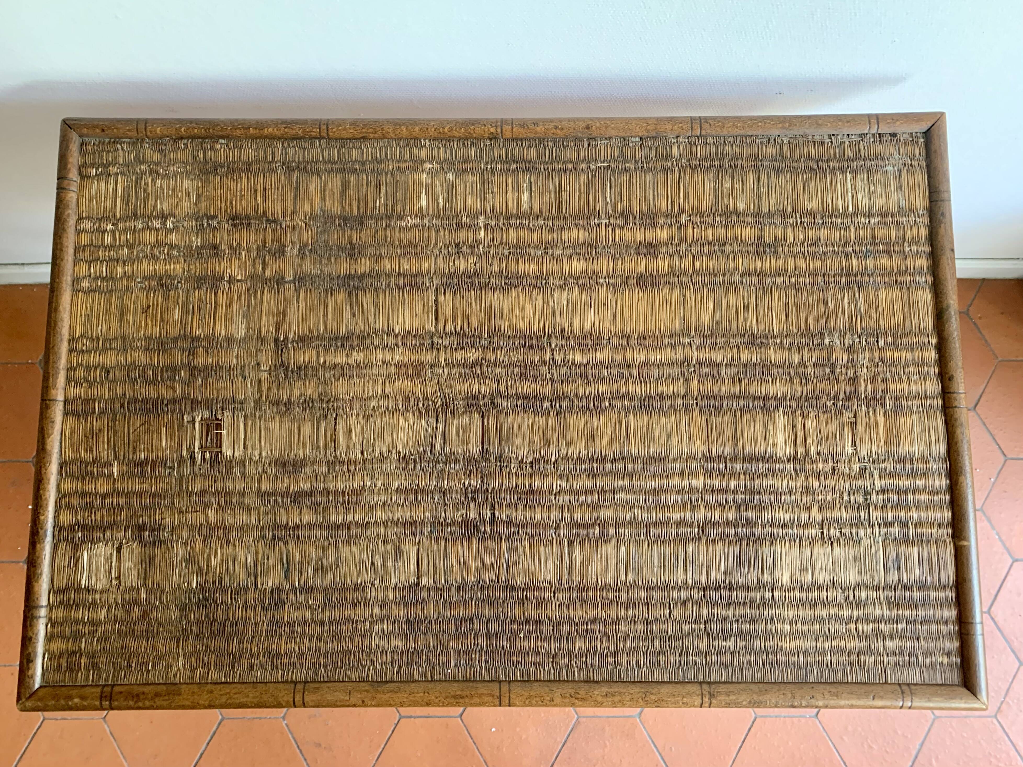 Folding table in bamboo-style wood and woven top, Napoleon III