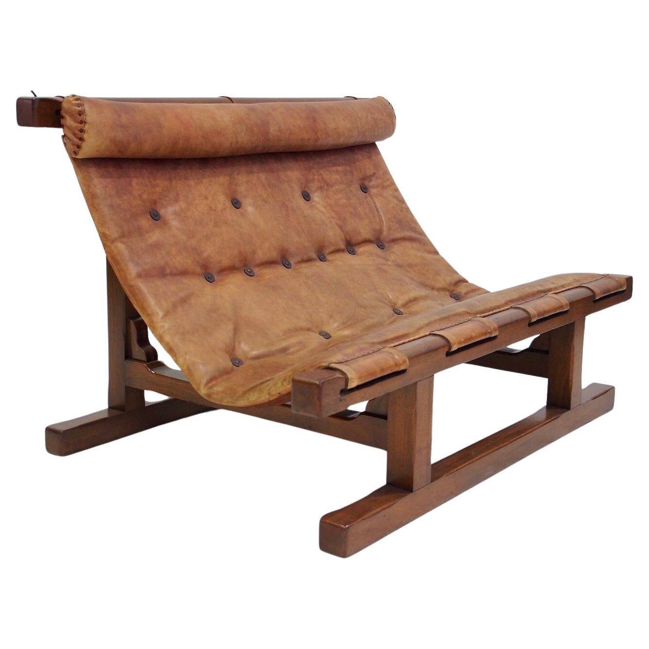 20th-century leather and Brazilian hardwood sofa, Brown