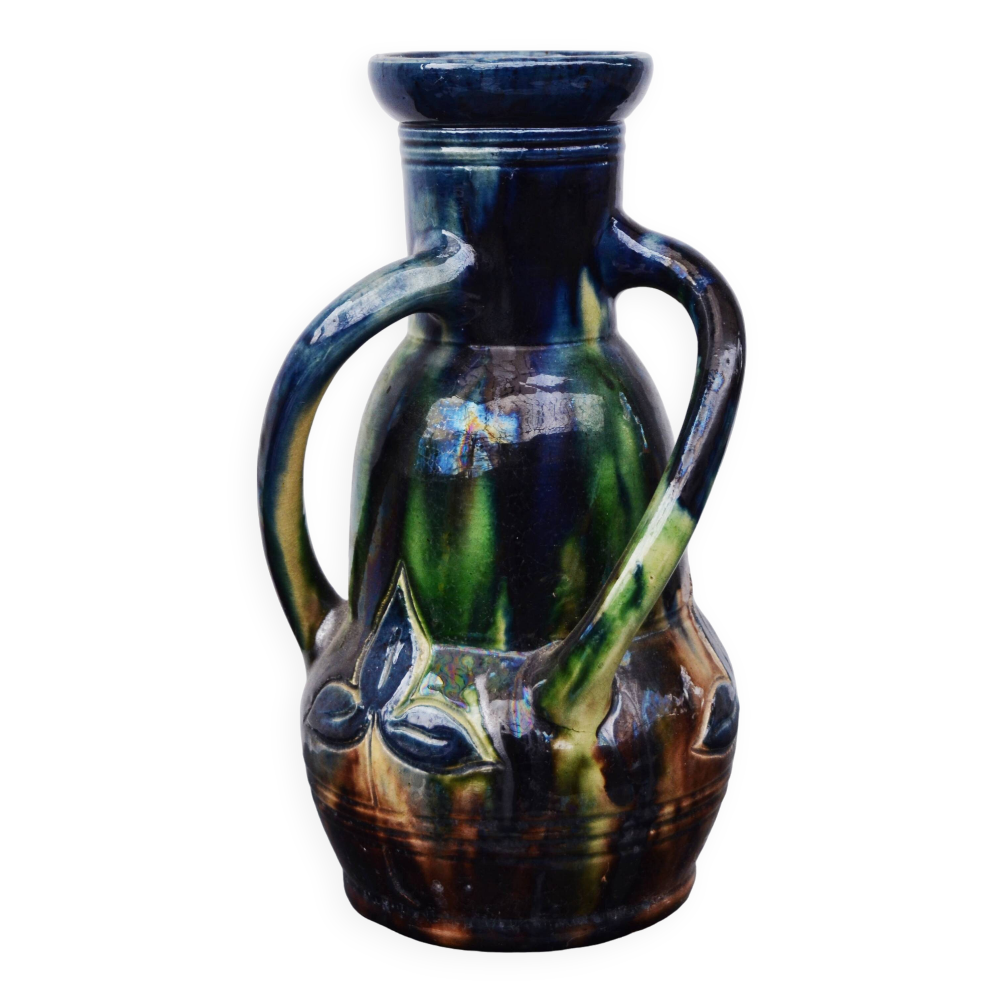 Art Nouveau Mini Vase Drip Glaze Faienceries Belgium with 3 Twisted Handles
