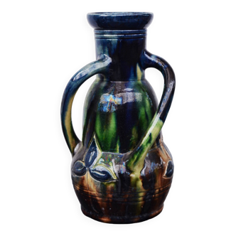 Art Nouveau Mini Vase Drip Glaze Faienceries Belgium with 3 Twisted Handles