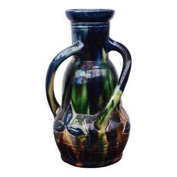 Mini Vase Art Nouveau Glaçure Goutte à Goutte Faienceries Belgique avec 3 Anses Torsadées
