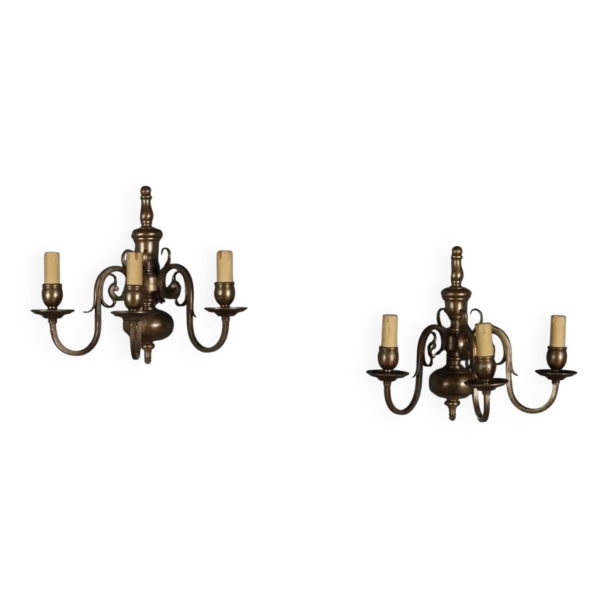 Antique bronze wall sconces with 3 lights, decorations from Italy, 20th century.