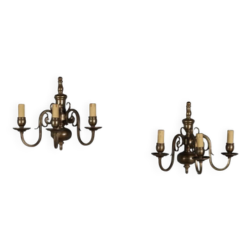 Antique bronze wall sconces with 3 lights, decorations from Italy, 20th century.