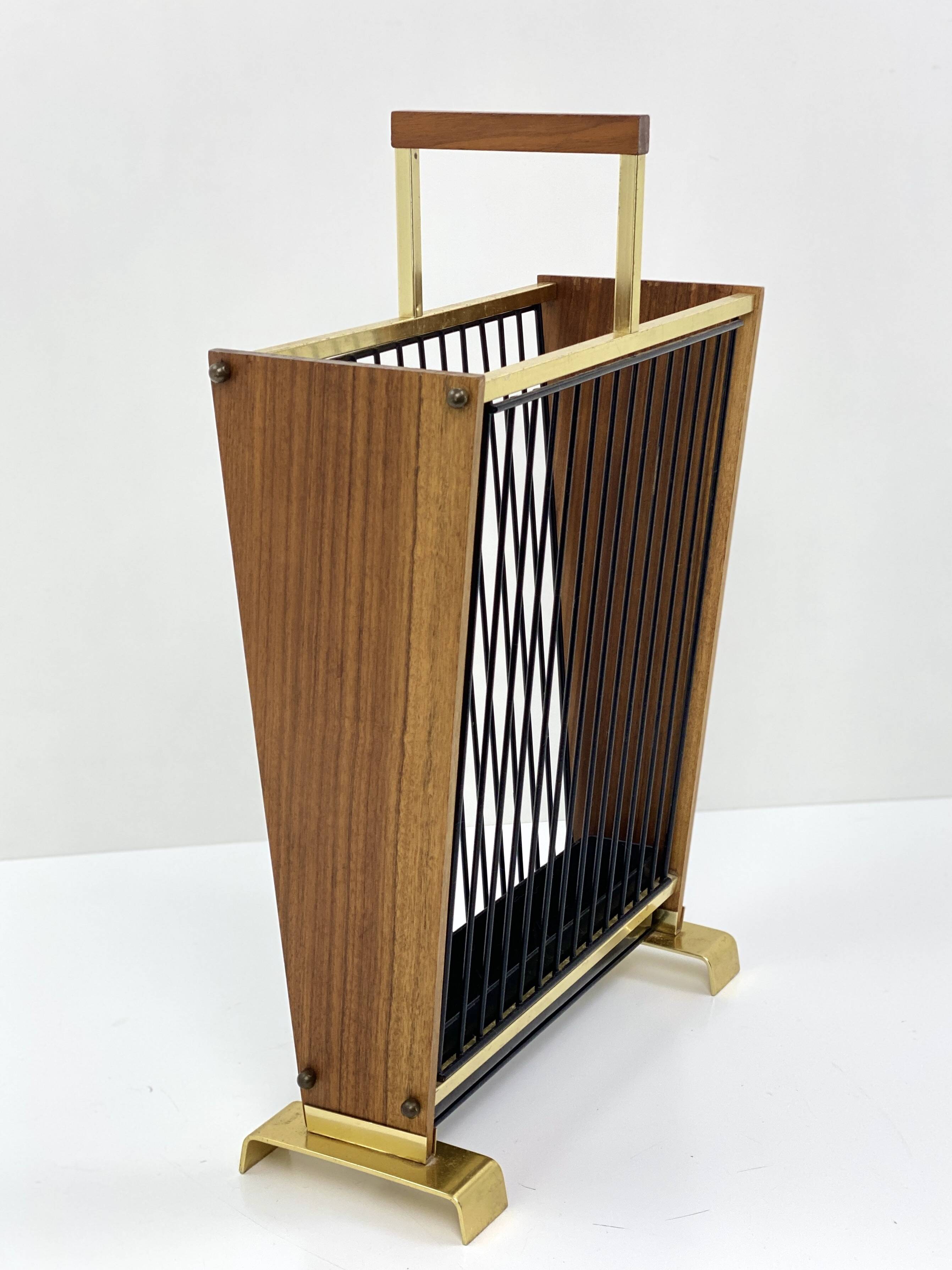 Vintage wooden umbrella stand, brass, 1960s design