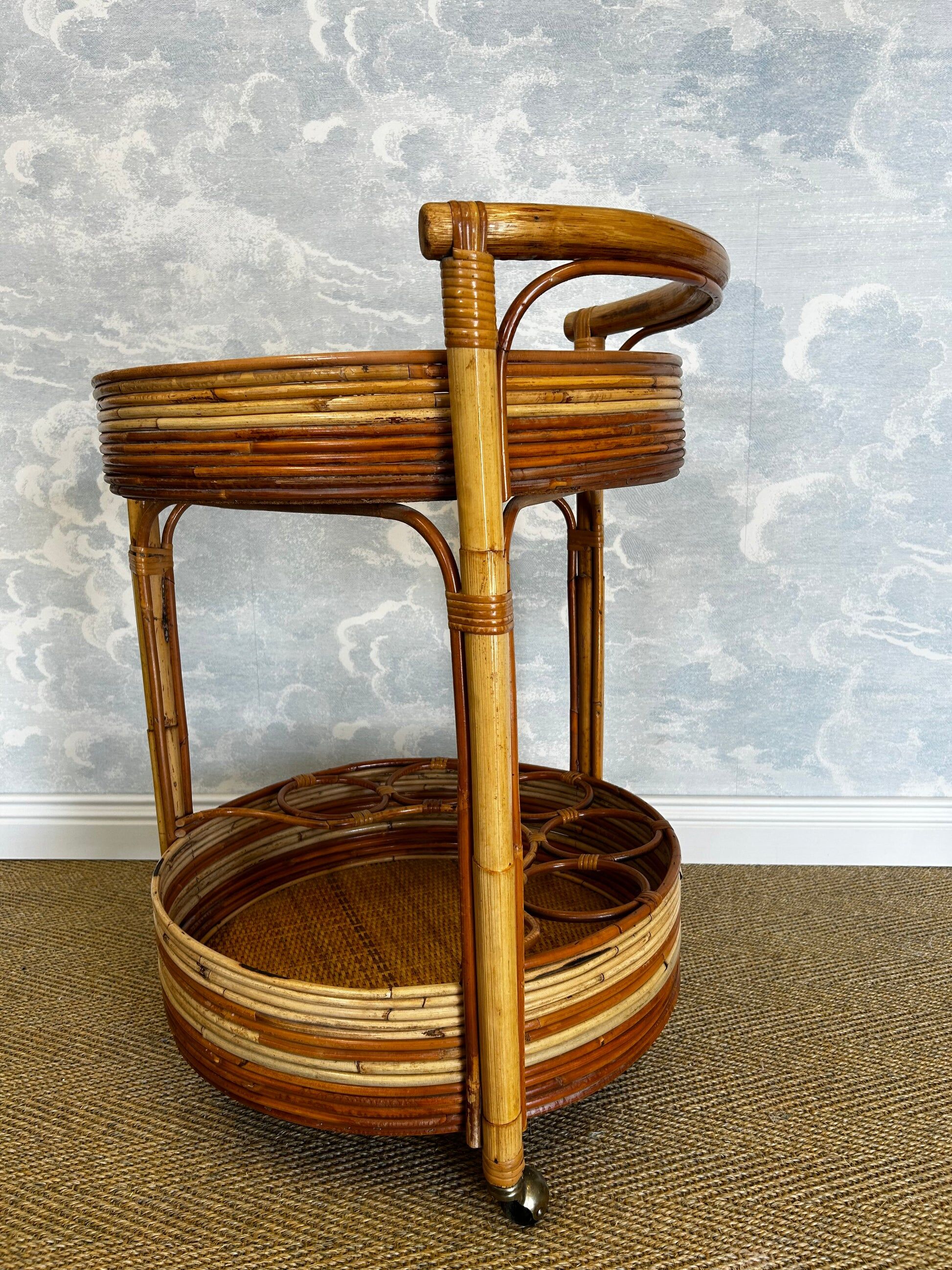 2-tiered round bamboo bar cart in the style of Vivai del Sud, Italy, 1960s