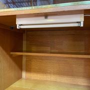 Wardrobe, desk, wooden and rattan chest of drawers, 1960s.