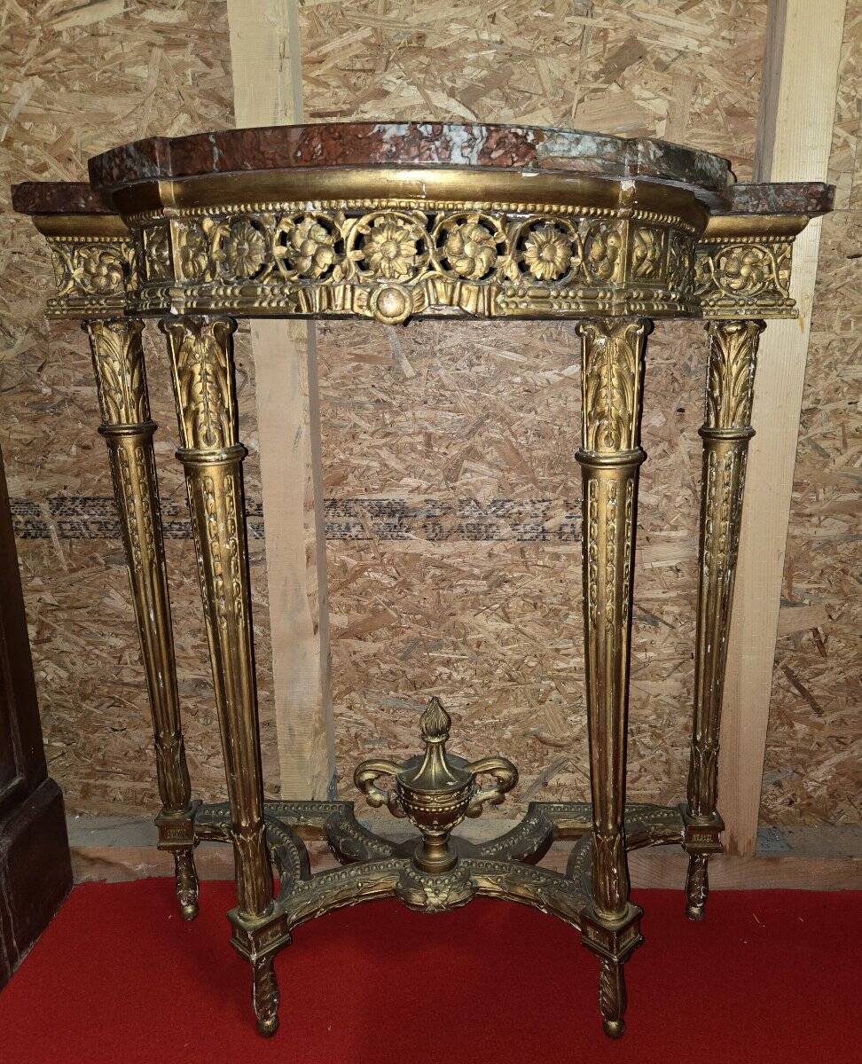 Louis XVI style demi-lune console – carved wood and marble top