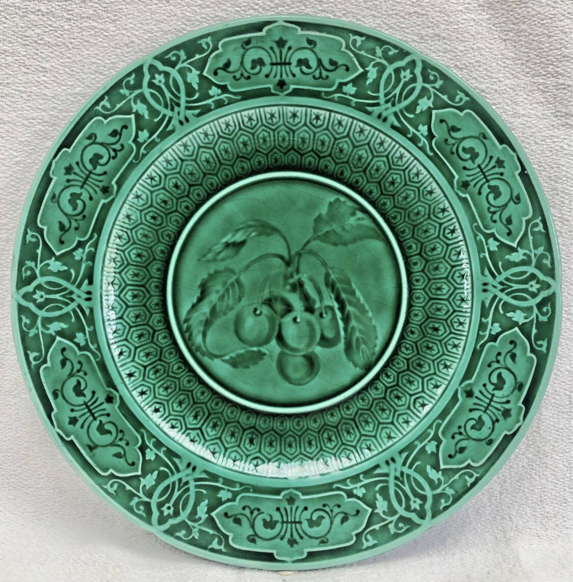 3 fruit plates Sarreguemines majolica shaded enamel Rubelles