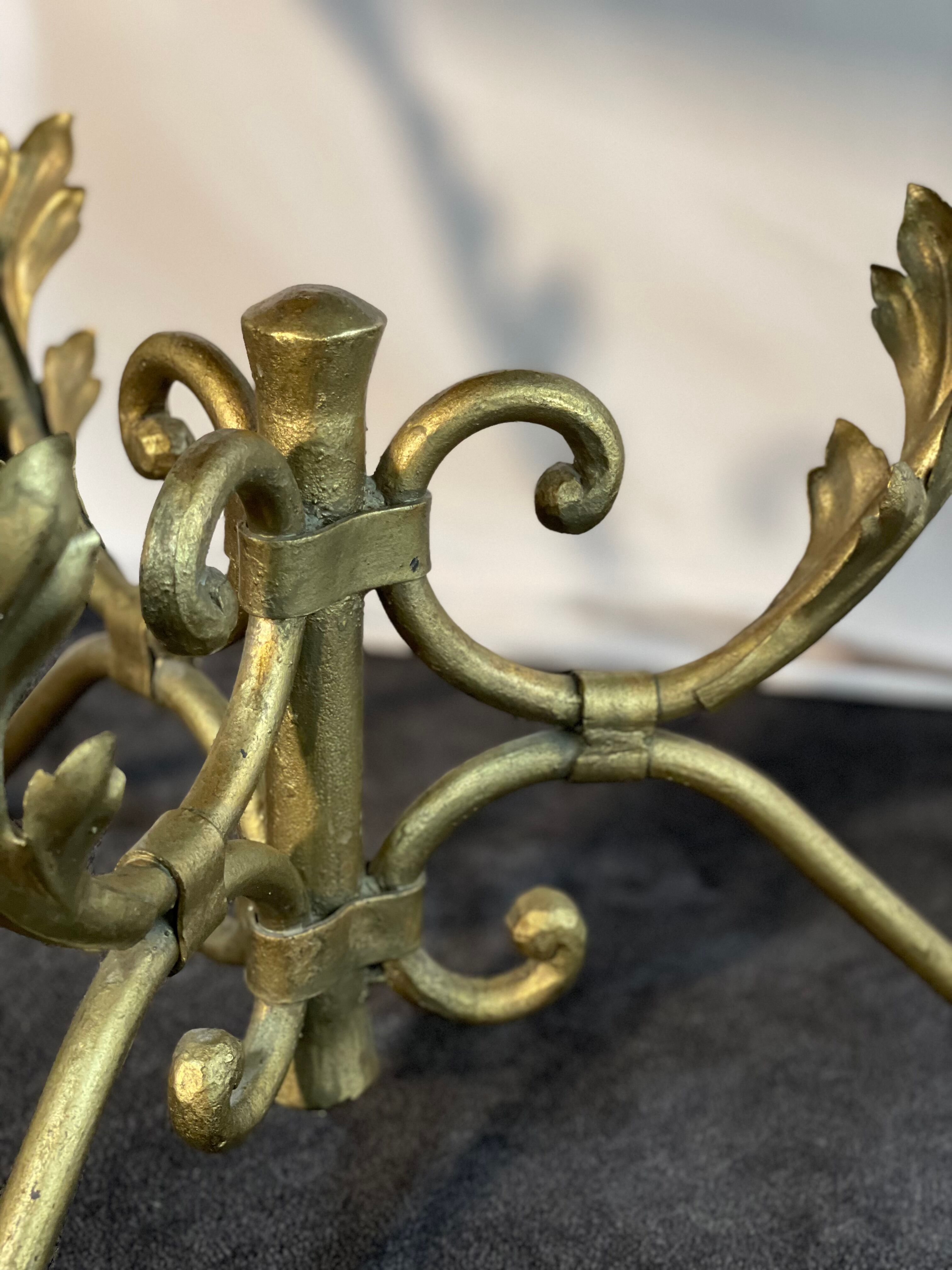Round coffee table base in gilded wrought iron beautiful top enamelled glass 50s