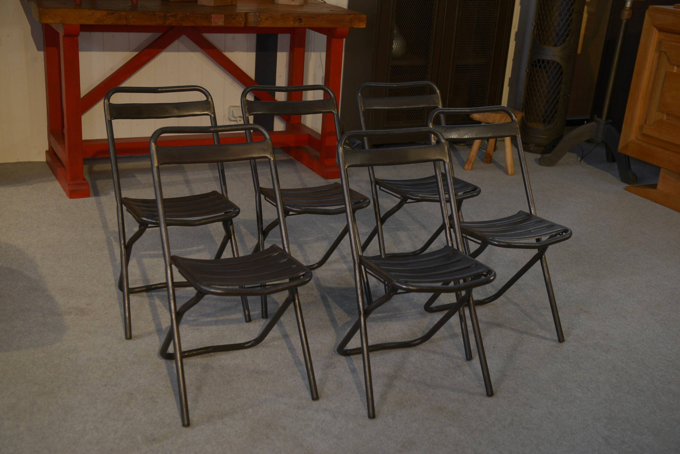 Set of 6 industrial folding chairs assembled by soldering 1950