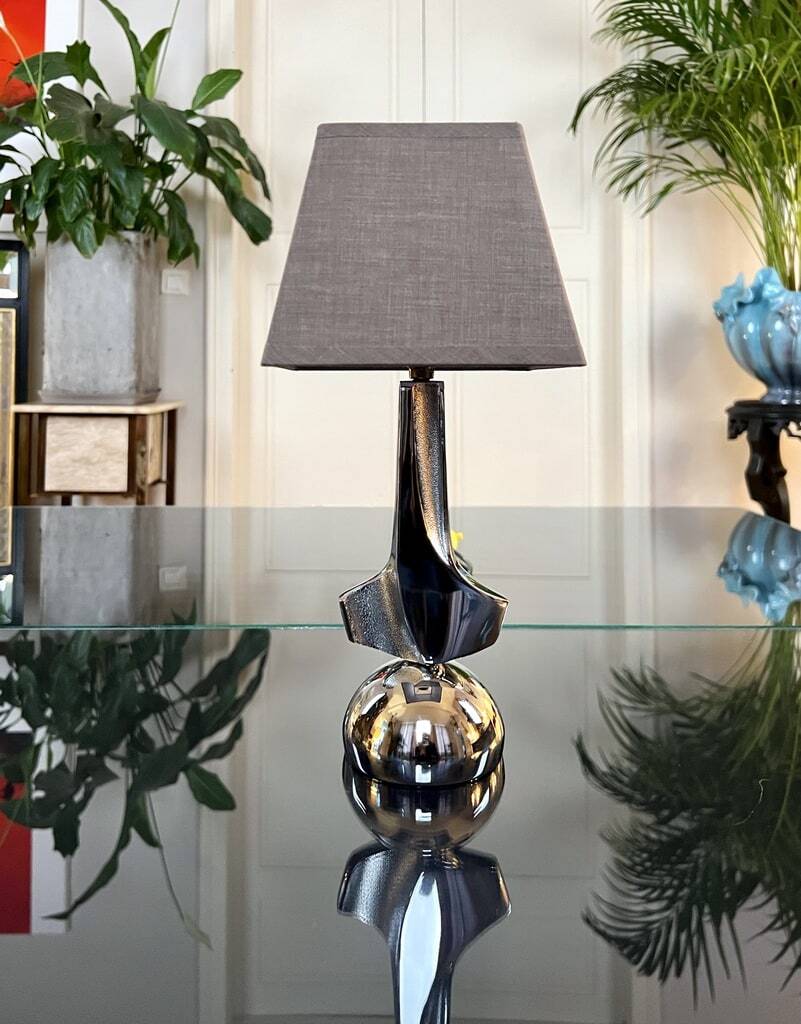 Modernist Art Deco Table Lamp in Chromed Metal - Textile Lampshade