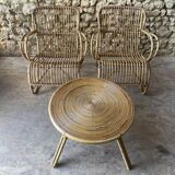 Ensemble table basse et fauteuils en roseau - années 50